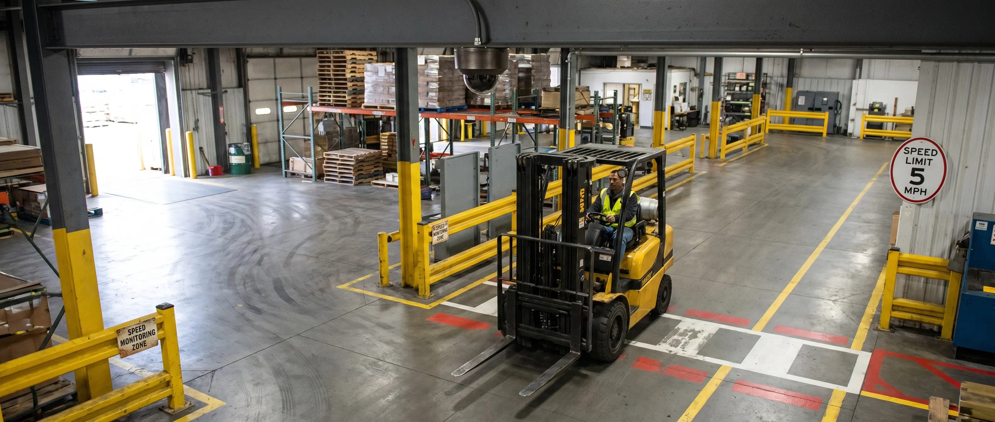 AI camera measuring forklift speed in an industrial aisle with pedestrian proximity zone
