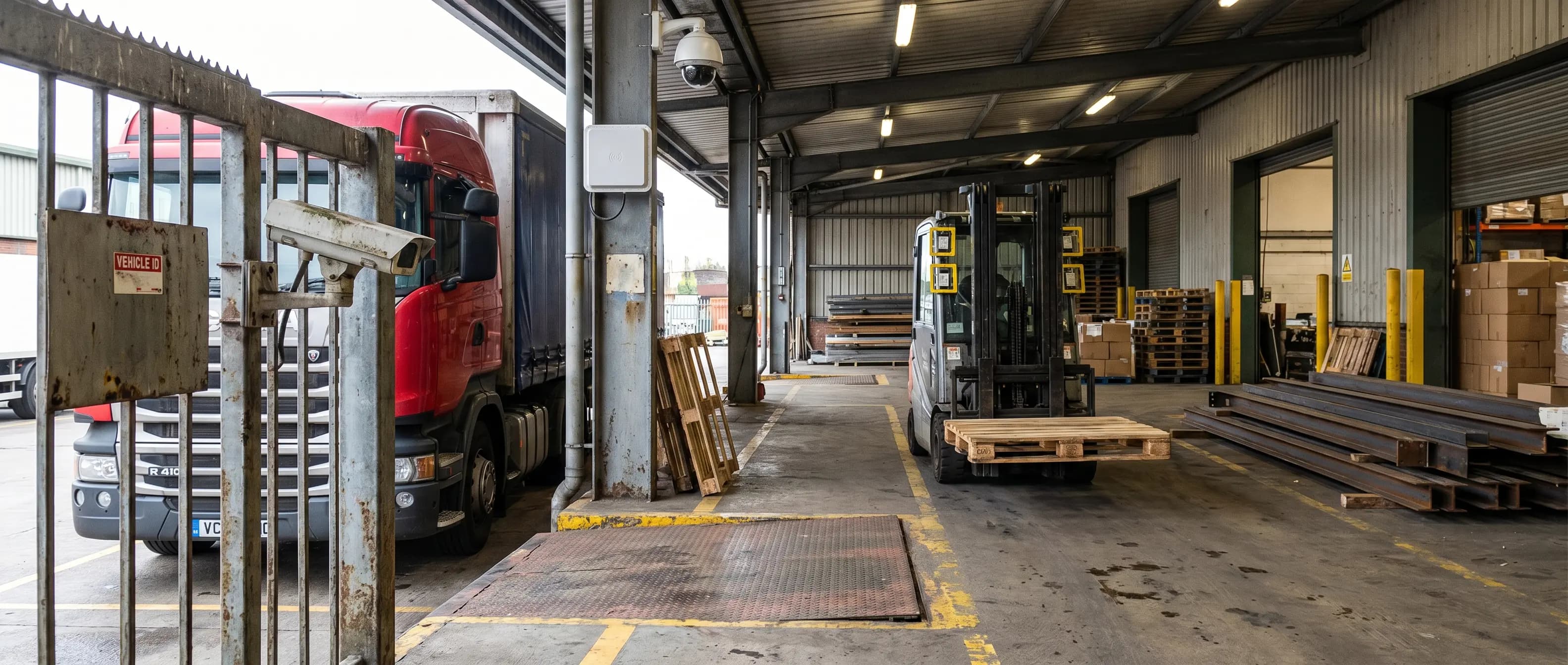 Industrial gate ANPR camera capturing truck plate alongside in-facility AI vision detection