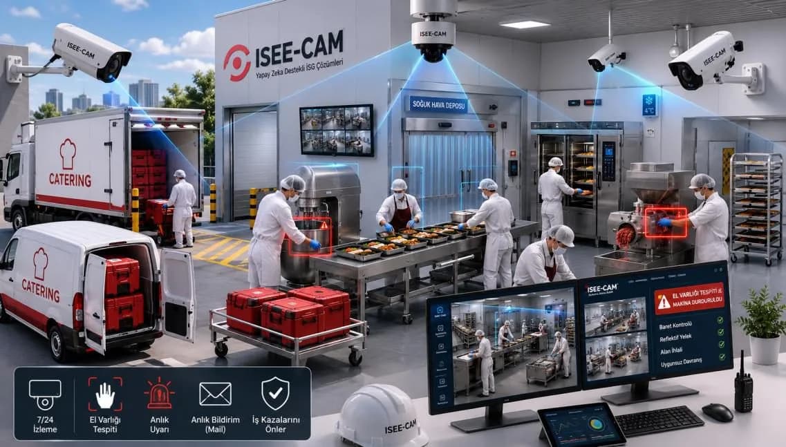 AI camera monitoring hygiene on a catering kitchen line