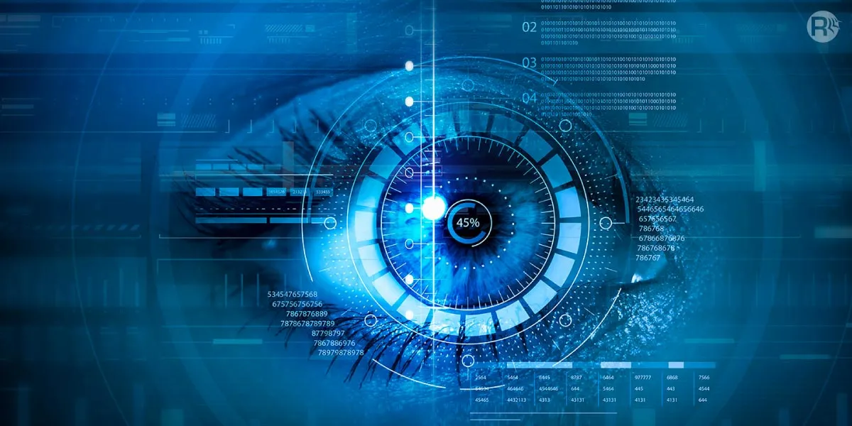 blue eye covered with technological text